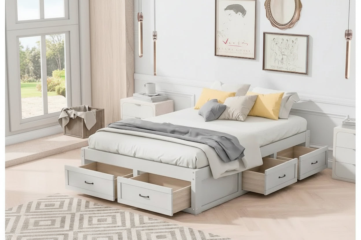 Lit plateforme pleine grandeur antique blanc / gris / naturel avec 6 tiroirs – Simple et double