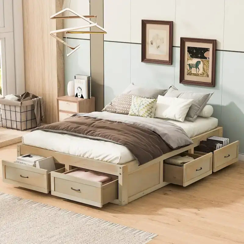 Lit plateforme pleine grandeur antique blanc / gris / naturel avec 6 tiroirs – Simple et double