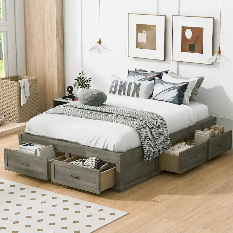 Lit plateforme pleine grandeur antique blanc / gris / naturel avec 6 tiroirs – Simple et double