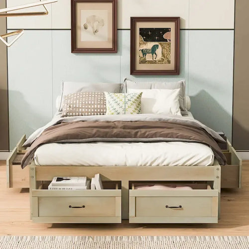 Lit plateforme pleine grandeur antique blanc / gris / naturel avec 6 tiroirs – Simple et double