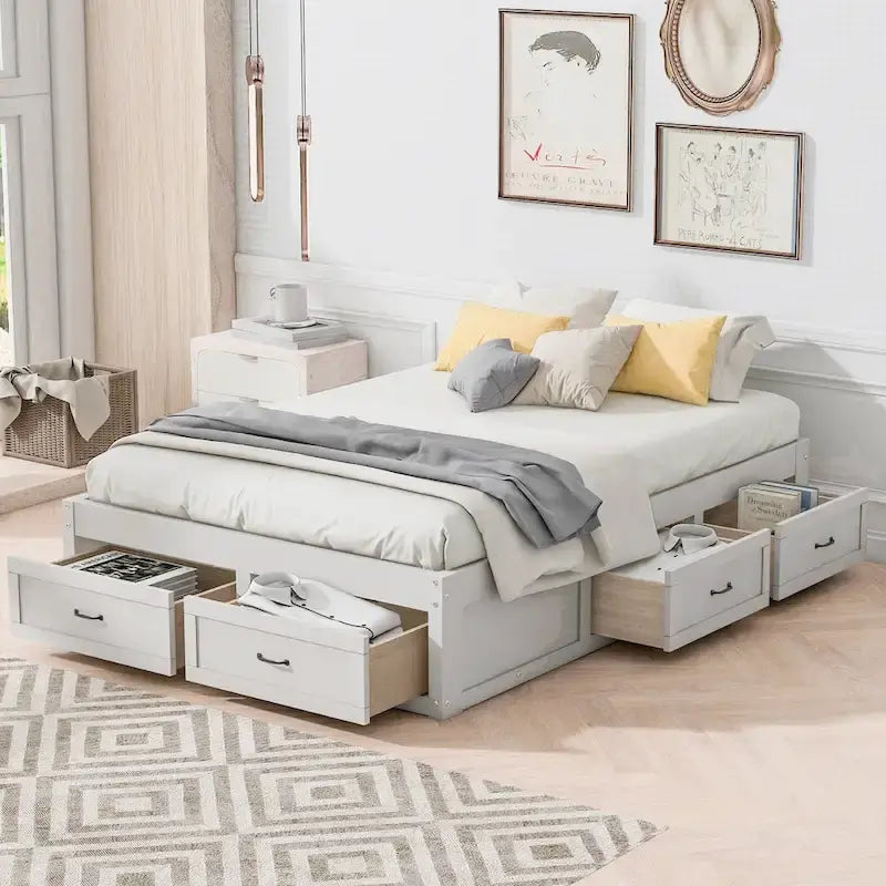 Lit plateforme pleine grandeur antique blanc / gris / naturel avec 6 tiroirs – Simple et double