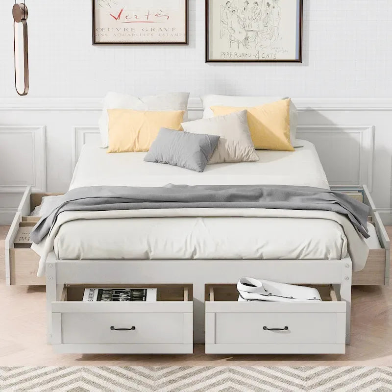 Lit plateforme pleine grandeur antique blanc / gris / naturel avec 6 tiroirs – Simple et double