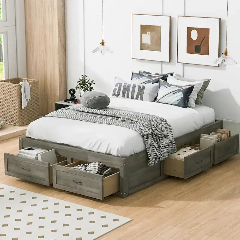 Lit plateforme pleine grandeur antique blanc / gris / naturel avec 6 tiroirs – Simple et double