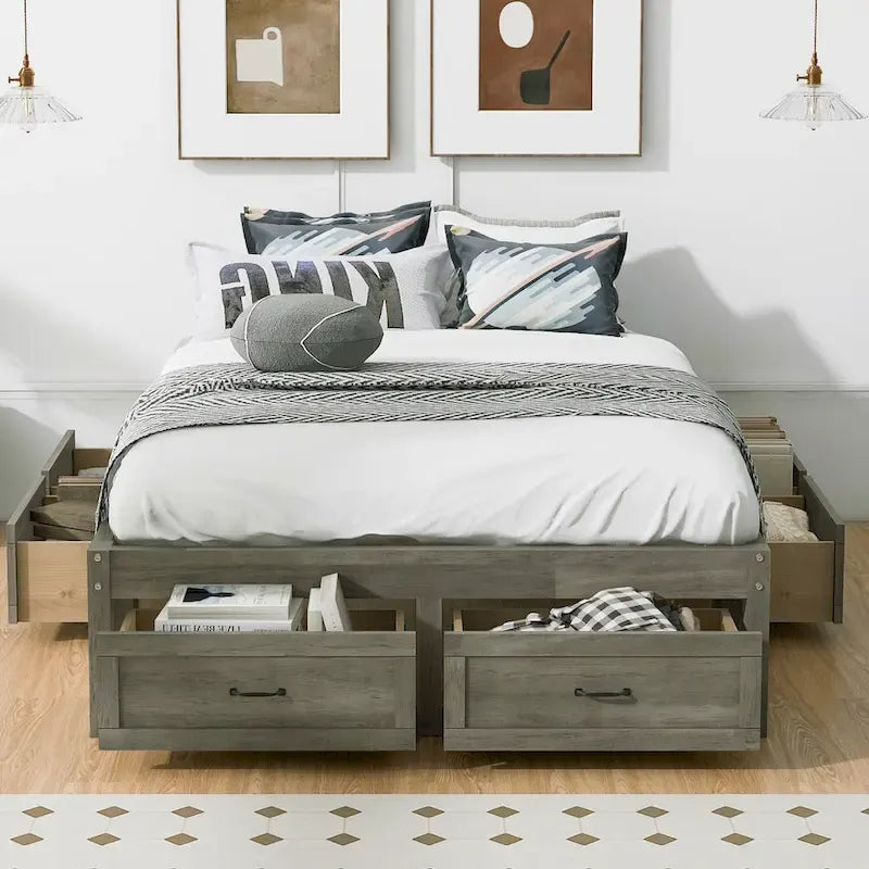 Lit plateforme pleine grandeur antique blanc / gris / naturel avec 6 tiroirs – Simple et double