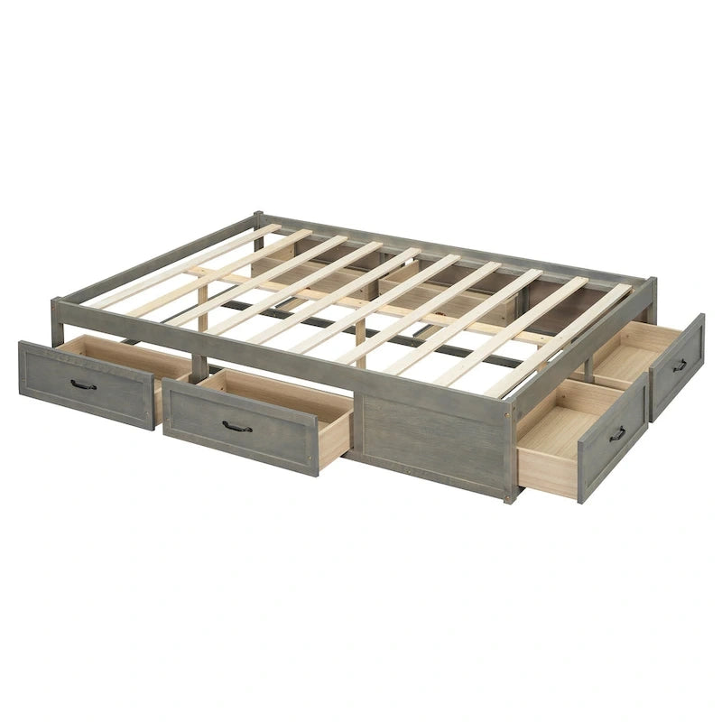 Lit plateforme pleine grandeur antique blanc / gris / naturel avec 6 tiroirs – Simple et double