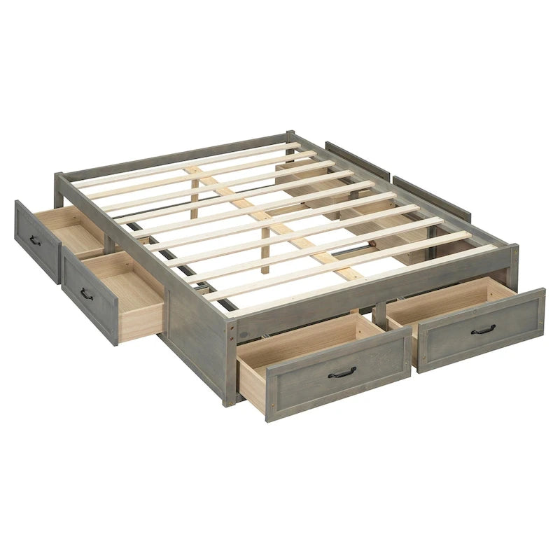 Lit plateforme pleine grandeur antique blanc / gris / naturel avec 6 tiroirs – Simple et double
