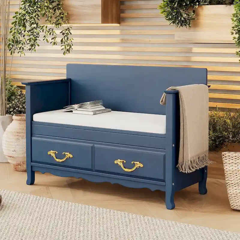 Banc de rangement antique turquoise/marine/espresso avec coussin et couvercle à vérin à gaz – Simple