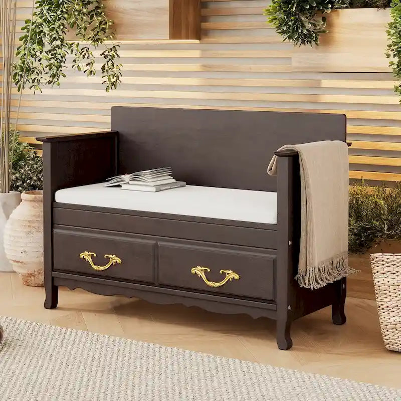 Banc de rangement antique turquoise/marine/espresso avec coussin et couvercle à vérin à gaz – Simple