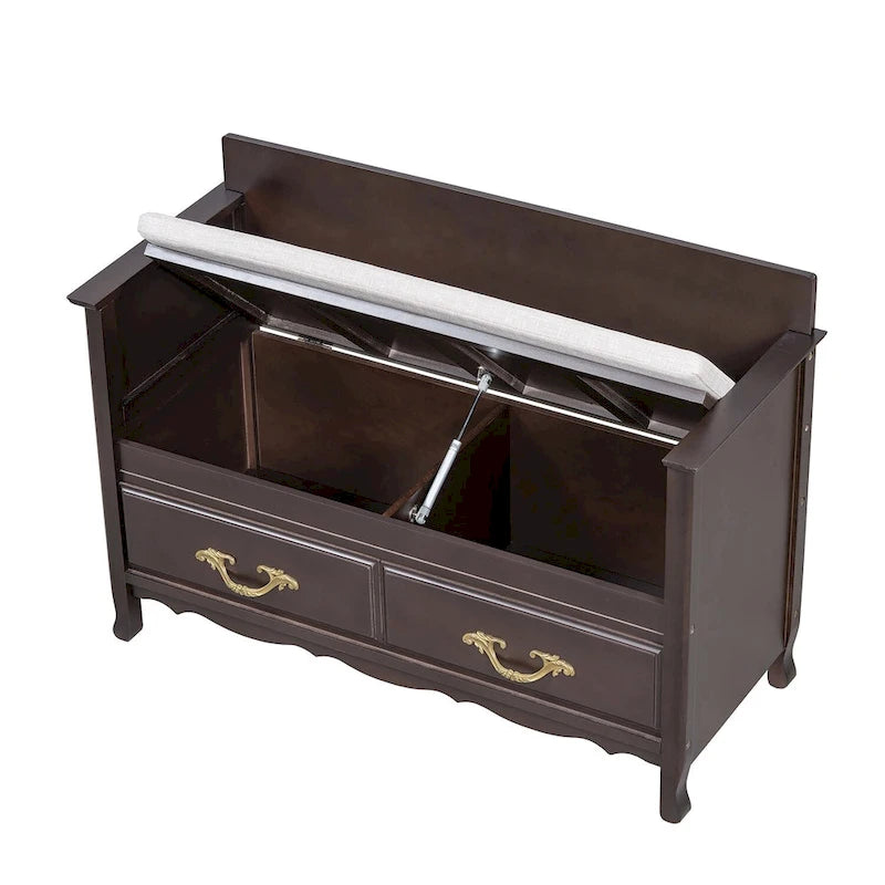 Banc de rangement antique turquoise/marine/espresso avec coussin et couvercle à vérin à gaz – Simple
