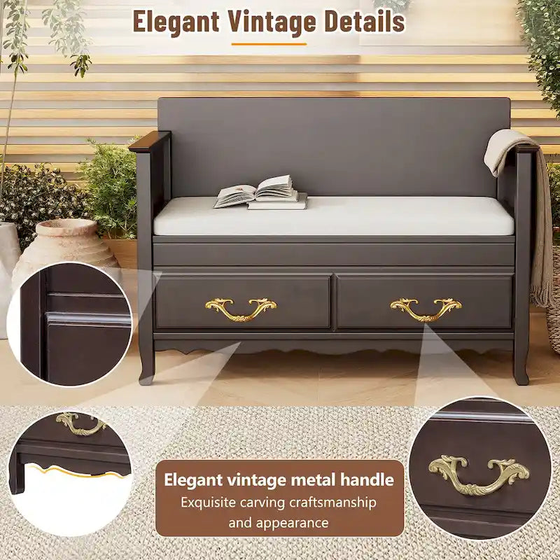 Banc de rangement antique turquoise/marine/espresso avec coussin et couvercle à vérin à gaz – Simple