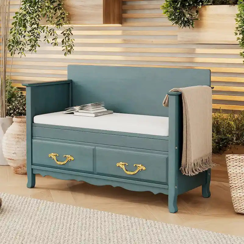 Banc de rangement antique turquoise/marine/espresso avec coussin et couvercle à vérin à gaz – Simple