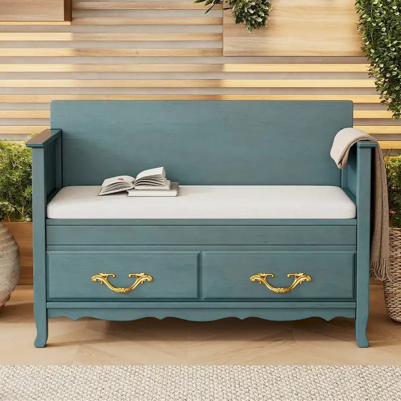 Banc de rangement antique turquoise/marine/espresso avec coussin et couvercle à vérin à gaz – Simple