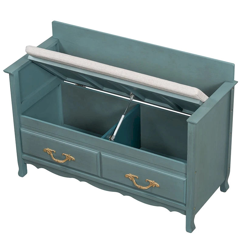 Banc de rangement antique turquoise/marine/espresso avec coussin et couvercle à vérin à gaz – Simple