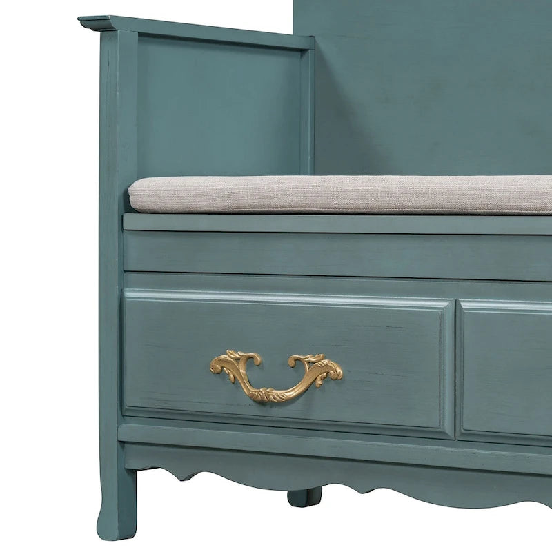 Banc de rangement antique turquoise/marine/espresso avec coussin et couvercle à vérin à gaz – Simple