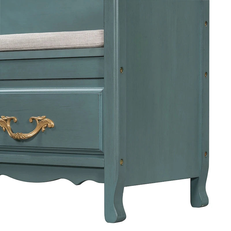 Banc de rangement antique turquoise/marine/espresso avec coussin et couvercle à vérin à gaz – Simple