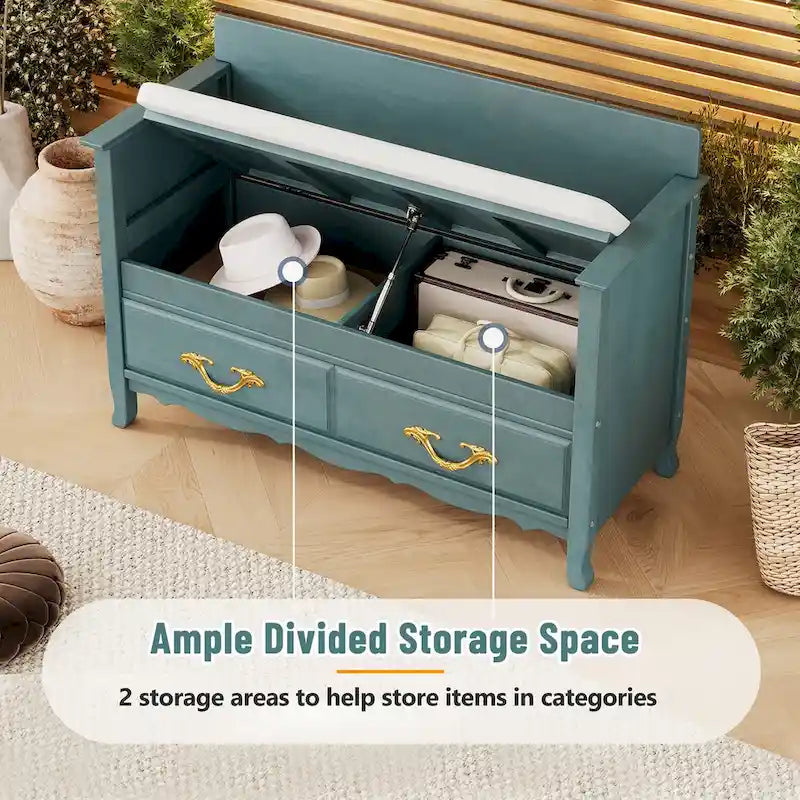 Banc de rangement antique turquoise/marine/espresso avec coussin et couvercle à vérin à gaz – Simple