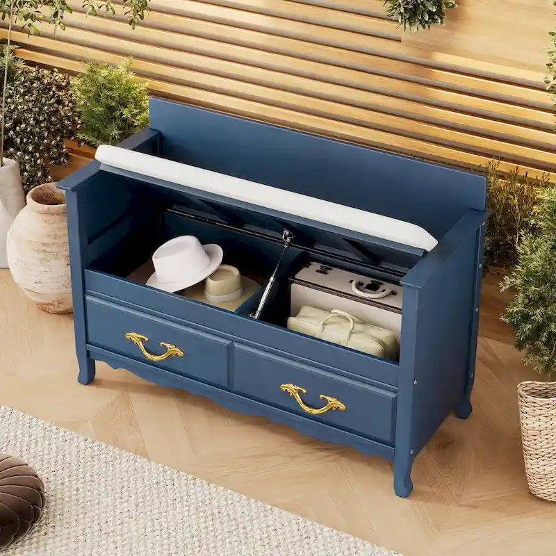 Banc de rangement antique turquoise/marine/espresso avec coussin et couvercle à vérin à gaz – Simple