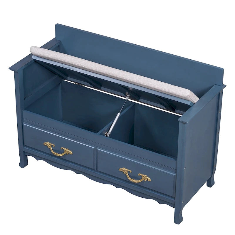 Banc de rangement antique turquoise/marine/espresso avec coussin et couvercle à vérin à gaz – Simple