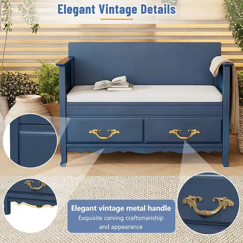 Banc de rangement antique turquoise/marine/espresso avec coussin et couvercle à vérin à gaz – Simple