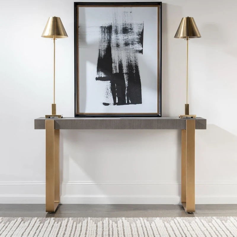 Console rectangulaire grise et dorée avec plateau en placage de diamant et pieds en laiton – Simple