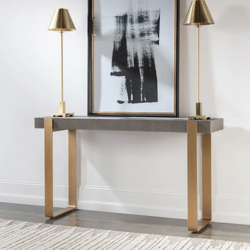 Console rectangulaire grise et dorée avec plateau en placage de diamant et pieds en laiton – Simple