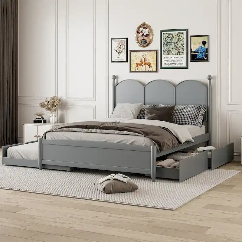 Lit plateforme Queen gris/blanc/noyer avec 2 tiroirs et lit gigogne double XL – Pour personne seule/couple