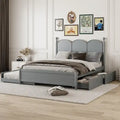 Lit plateforme Queen gris/blanc/noyer avec 2 tiroirs et lit gigogne double XL – Pour personne seule/couple