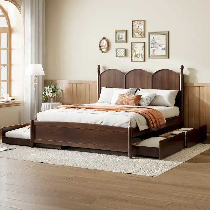 Lit plateforme Queen gris/blanc/noyer avec 2 tiroirs et lit gigogne double XL – Pour personne seule/couple