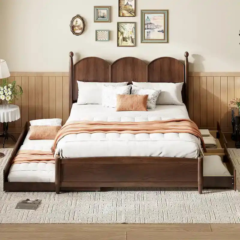 Lit plateforme Queen gris/blanc/noyer avec 2 tiroirs et lit gigogne double XL – Pour personne seule/couple