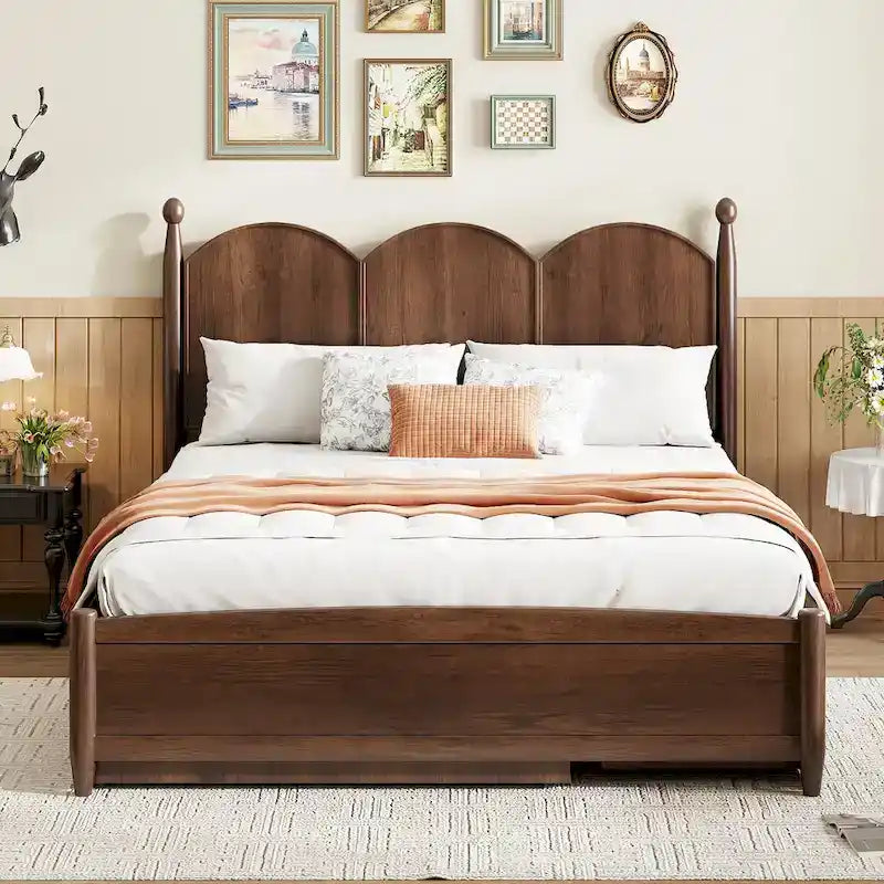 Lit plateforme Queen gris/blanc/noyer avec 2 tiroirs et lit gigogne double XL – Pour personne seule/couple