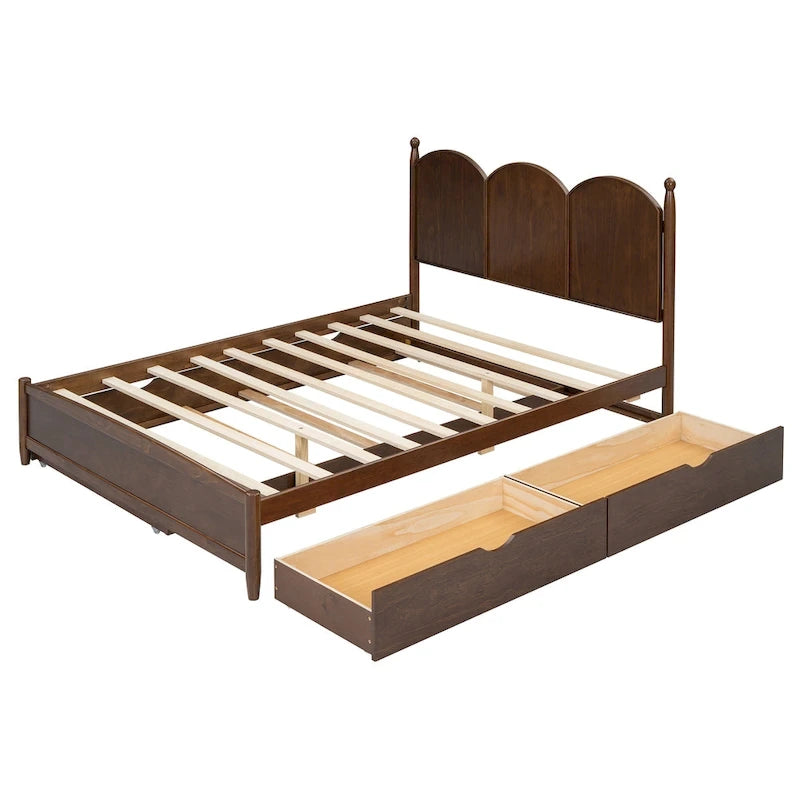 Lit plateforme Queen gris/blanc/noyer avec 2 tiroirs et lit gigogne double XL – Pour personne seule/couple