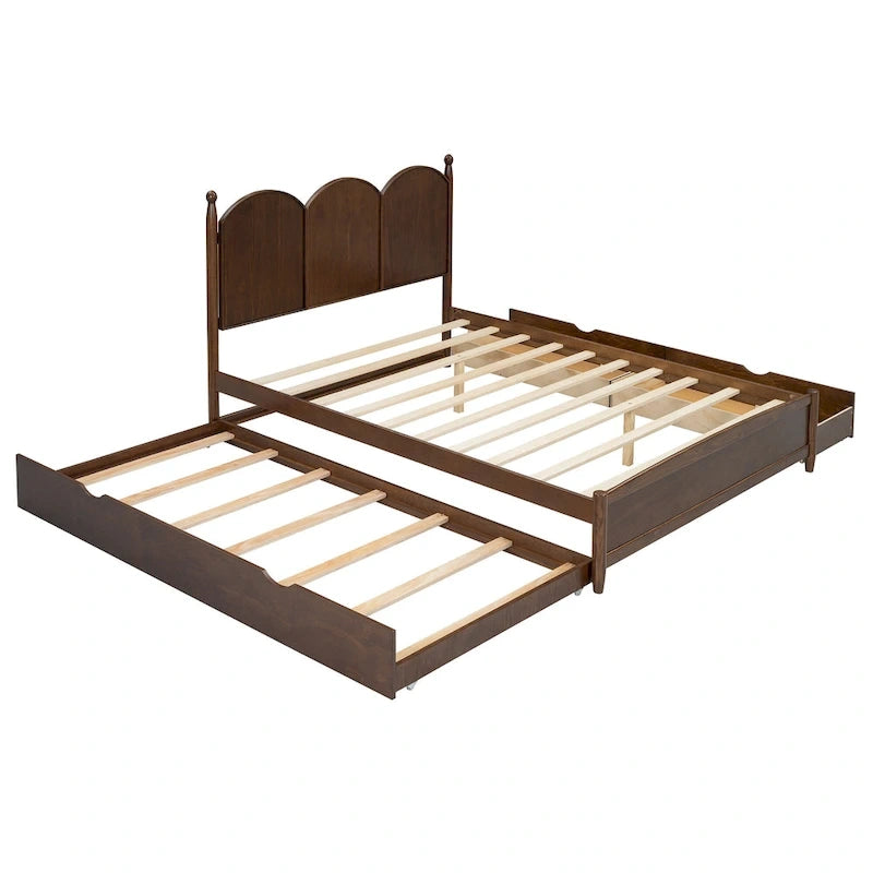 Lit plateforme Queen gris/blanc/noyer avec 2 tiroirs et lit gigogne double XL – Pour personne seule/couple