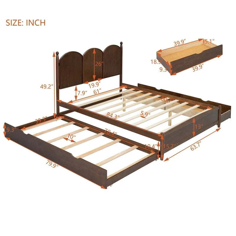 Lit plateforme Queen gris/blanc/noyer avec 2 tiroirs et lit gigogne double XL – Pour personne seule/couple