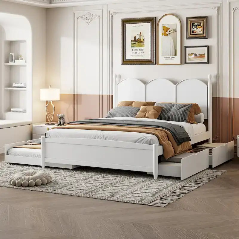 Lit plateforme Queen gris/blanc/noyer avec 2 tiroirs et lit gigogne double XL – Pour personne seule/couple
