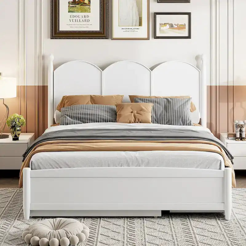 Lit plateforme Queen gris/blanc/noyer avec 2 tiroirs et lit gigogne double XL – Pour personne seule/couple