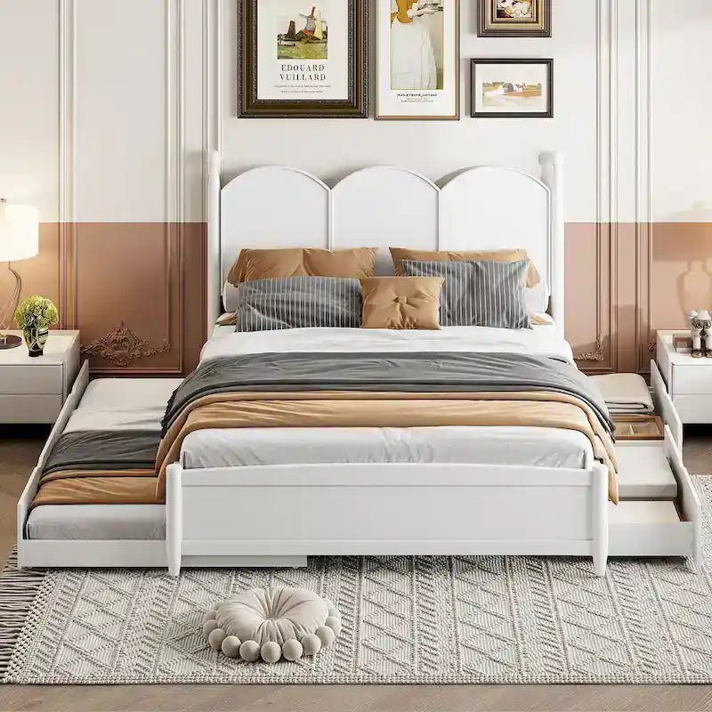 Lit plateforme Queen gris/blanc/noyer avec 2 tiroirs et lit gigogne double XL – Pour personne seule/couple