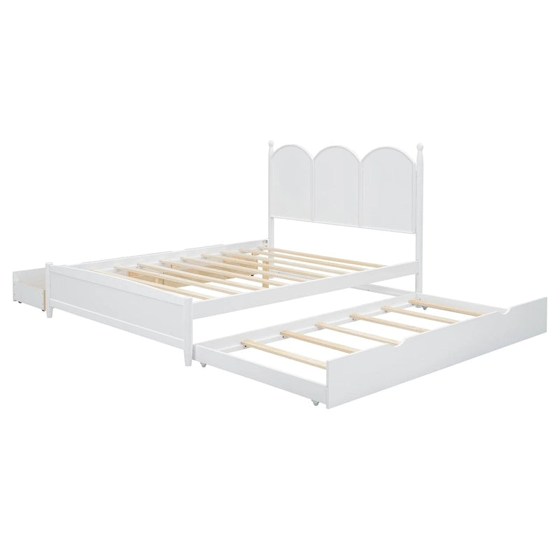 Lit plateforme Queen gris/blanc/noyer avec 2 tiroirs et lit gigogne double XL – Pour personne seule/couple