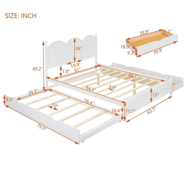 Lit plateforme Queen gris/blanc/noyer avec 2 tiroirs et lit gigogne double XL – Pour personne seule/couple