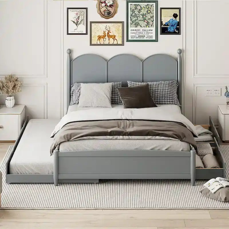 Lit plateforme Queen gris/blanc/noyer avec 2 tiroirs et lit gigogne double XL – Pour personne seule/couple