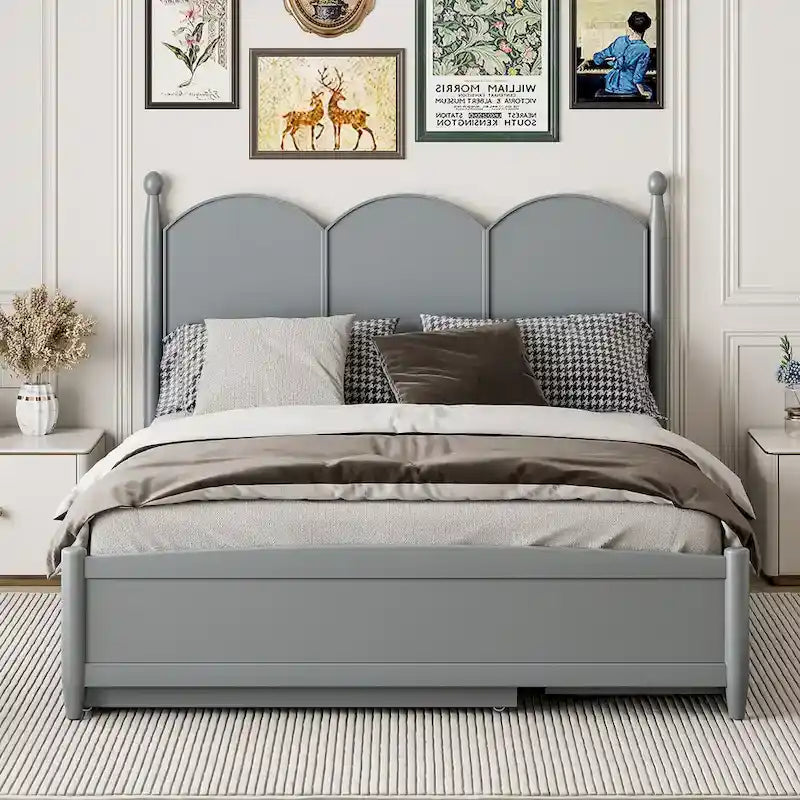 Lit plateforme Queen gris/blanc/noyer avec 2 tiroirs et lit gigogne double XL – Pour personne seule/couple