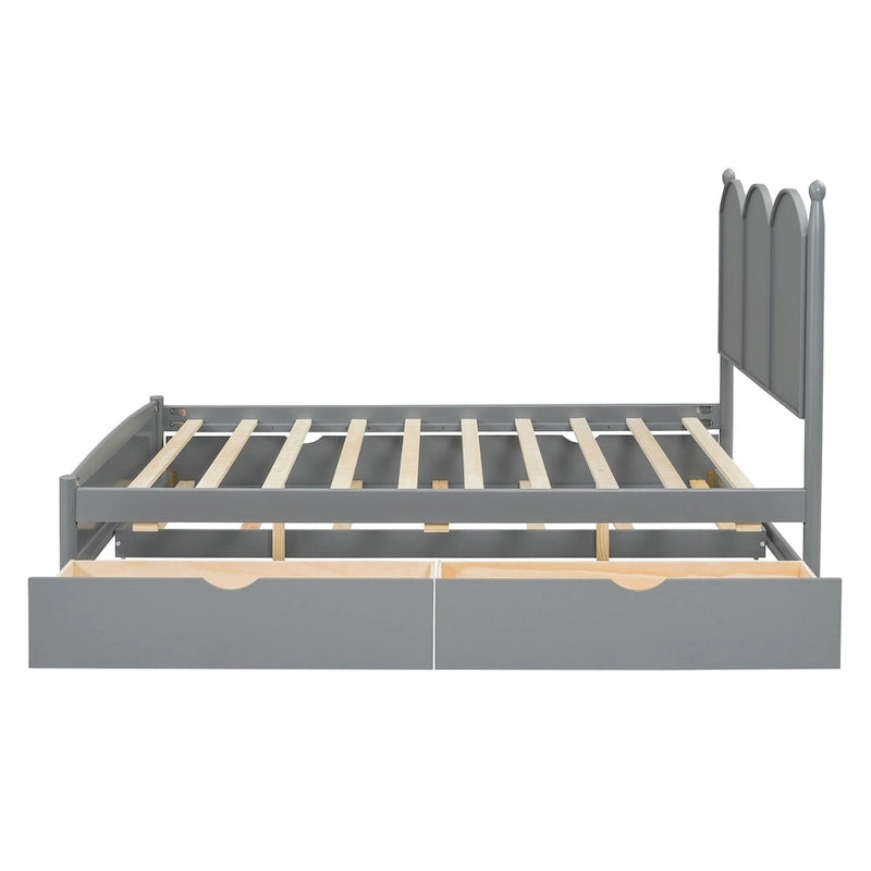 Lit plateforme Queen gris/blanc/noyer avec 2 tiroirs et lit gigogne double XL – Pour personne seule/couple