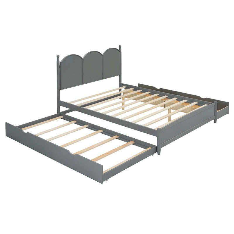 Lit plateforme Queen gris/blanc/noyer avec 2 tiroirs et lit gigogne double XL – Pour personne seule/couple