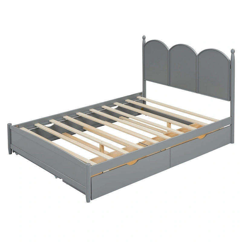 Lit plateforme Queen gris/blanc/noyer avec 2 tiroirs et lit gigogne double XL – Pour personne seule/couple