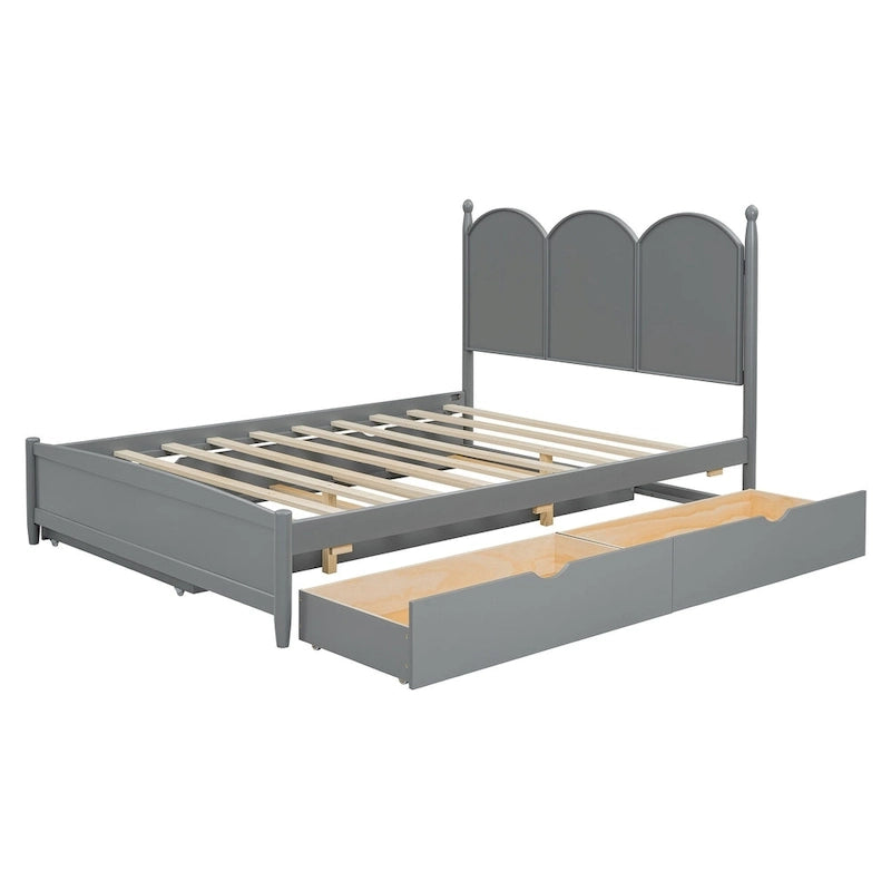 Lit plateforme Queen gris/blanc/noyer avec 2 tiroirs et lit gigogne double XL – Pour personne seule/couple
