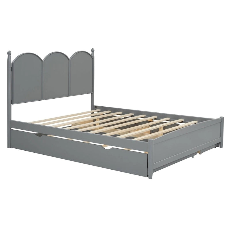 Lit plateforme Queen gris/blanc/noyer avec 2 tiroirs et lit gigogne double XL – Pour personne seule/couple