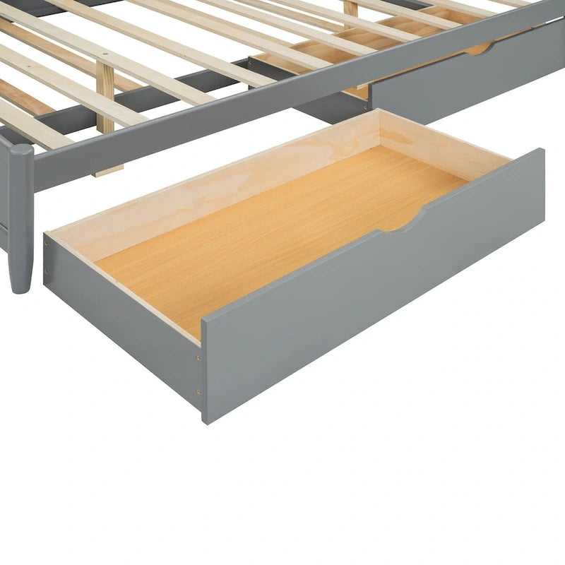 Lit plateforme Queen gris/blanc/noyer avec 2 tiroirs et lit gigogne double XL – Pour personne seule/couple