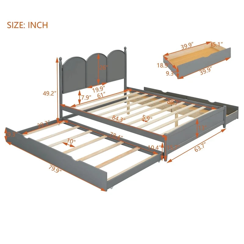 Lit plateforme Queen gris/blanc/noyer avec 2 tiroirs et lit gigogne double XL – Pour personne seule/couple