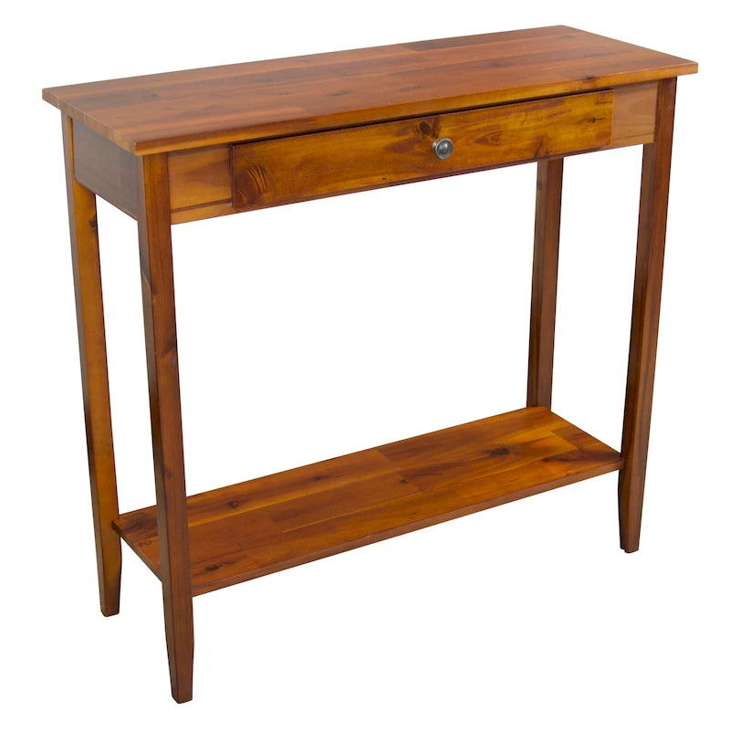 Console en bois d'acacia massif avec tiroir et étagère inférieure, couleurs acajou/naturel/noir – Simple