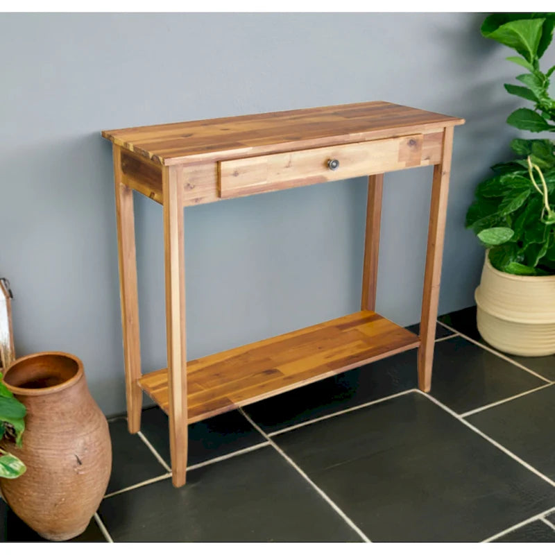 Console en bois d'acacia massif avec tiroir et étagère inférieure, couleurs acajou/naturel/noir – Simple