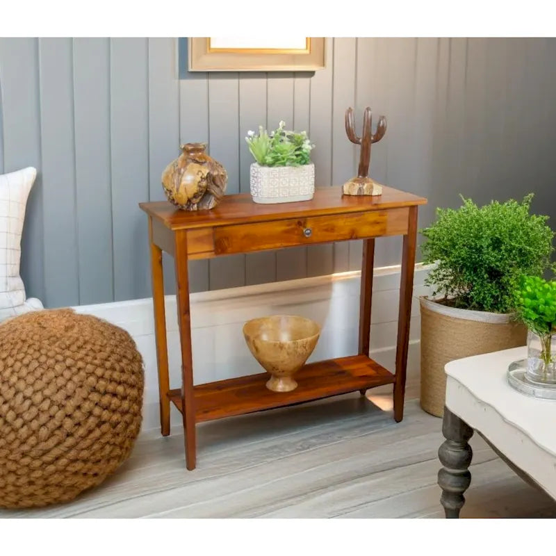 Console en bois d'acacia massif avec tiroir et étagère inférieure, couleurs acajou/naturel/noir – Simple